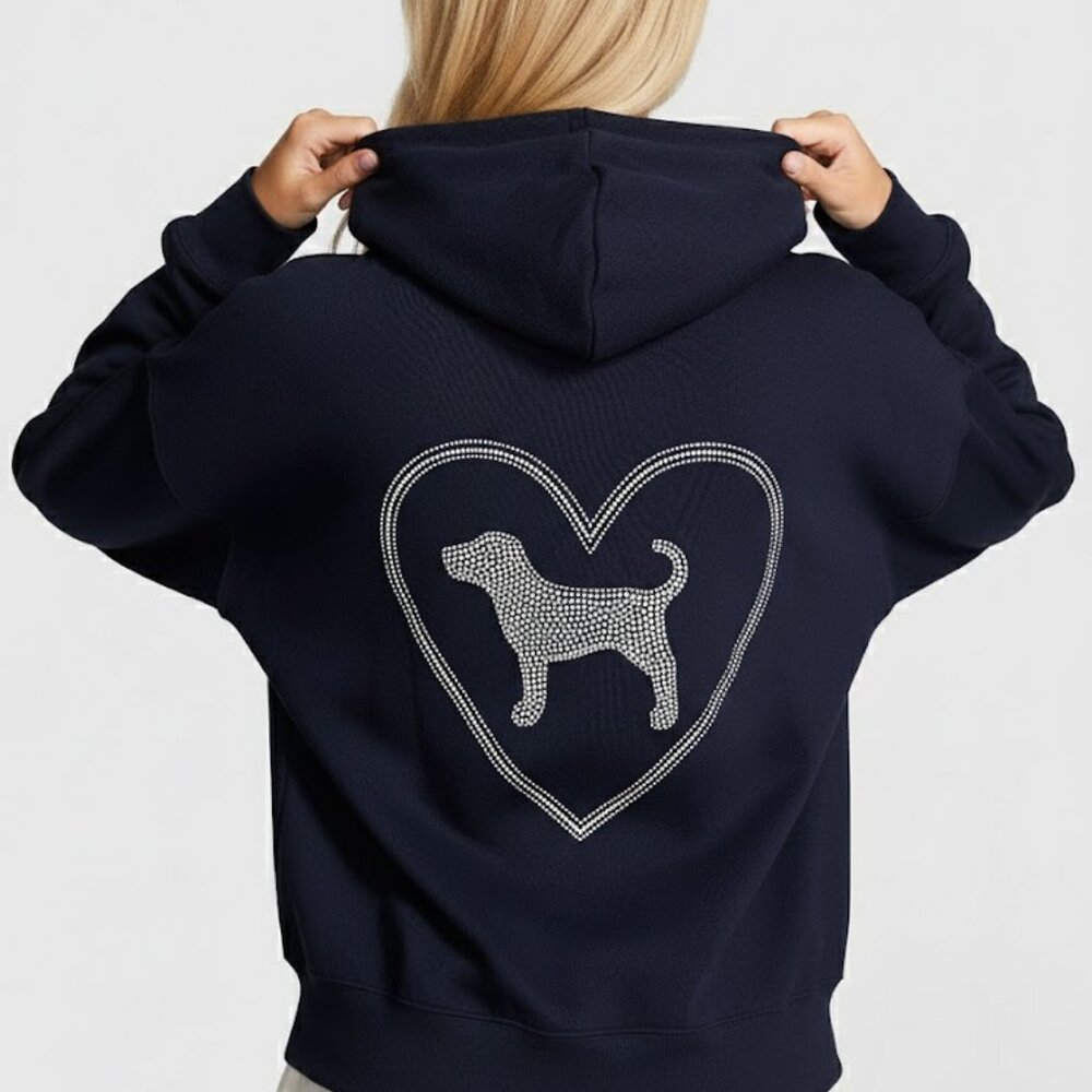 PINK Campus Fleece Sz. Med. Hoodie in Noir Navy Shine NWT